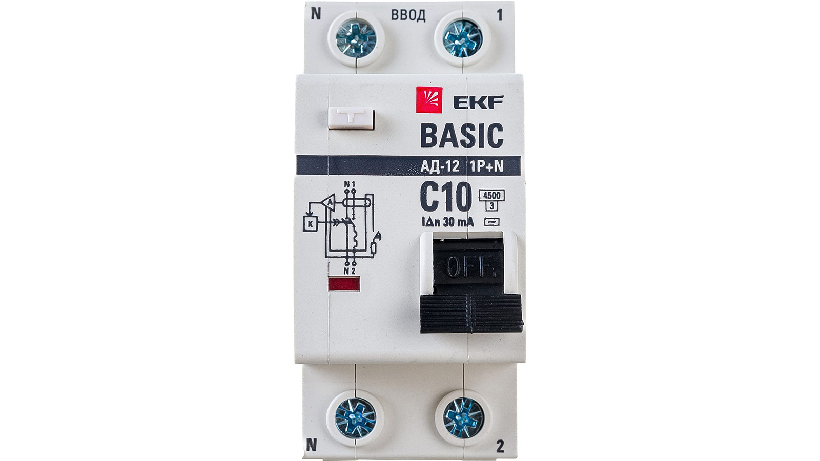 Выключатель автоматический EKF дифференциальный 1P+N 10А 30мА электронный тип АС C 4.5кА АД-12 Basic фотография №1