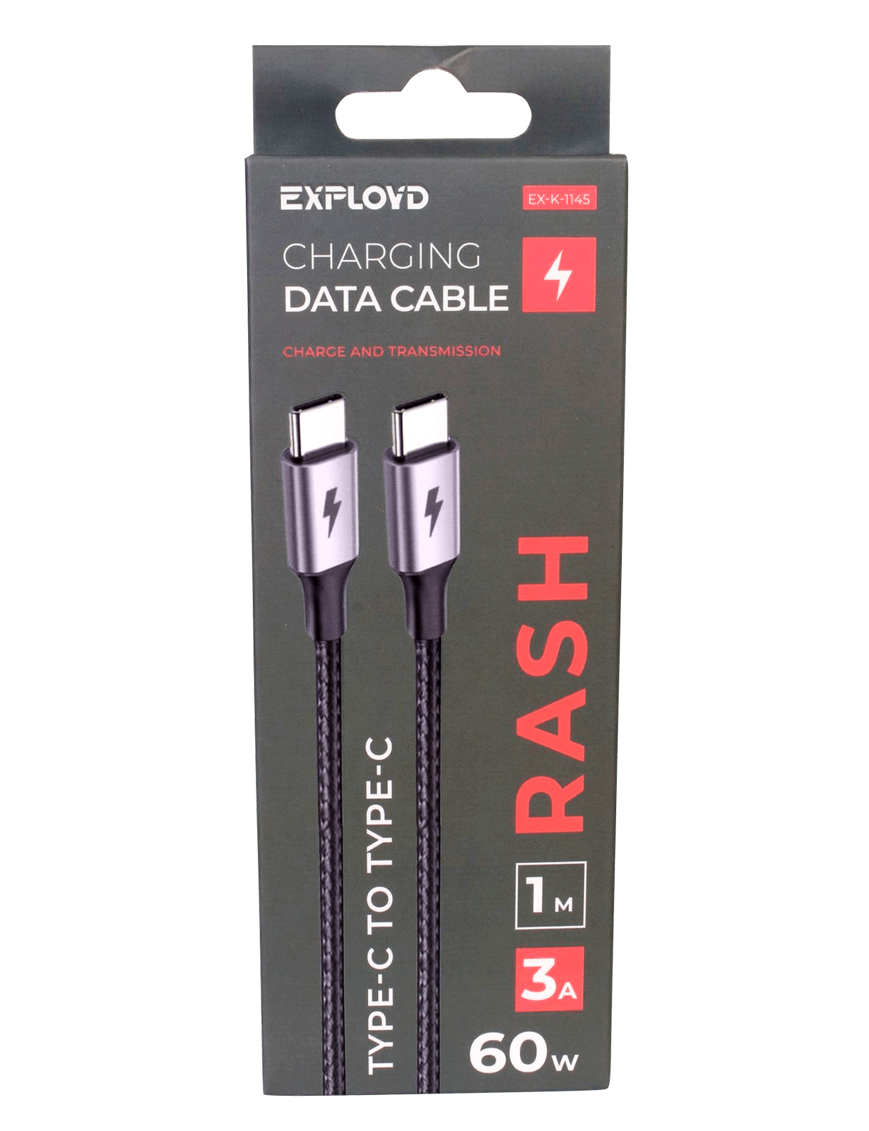 Кабель зарядный USB TYPE-C круглый.черный Rash 1М 3A фотография №2