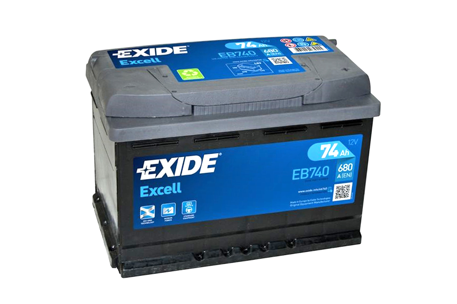 Аккумулятор EXIDE EB740 Excell 12V 74Ah 680A 278х175х190 полярность ETN0 клемы EN крепление B13 фотография №1