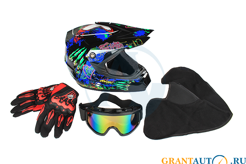 Комплект для мотокросса, цвета в ассортименте Шлем, очки, перчатки,подшлемник M фотография №1